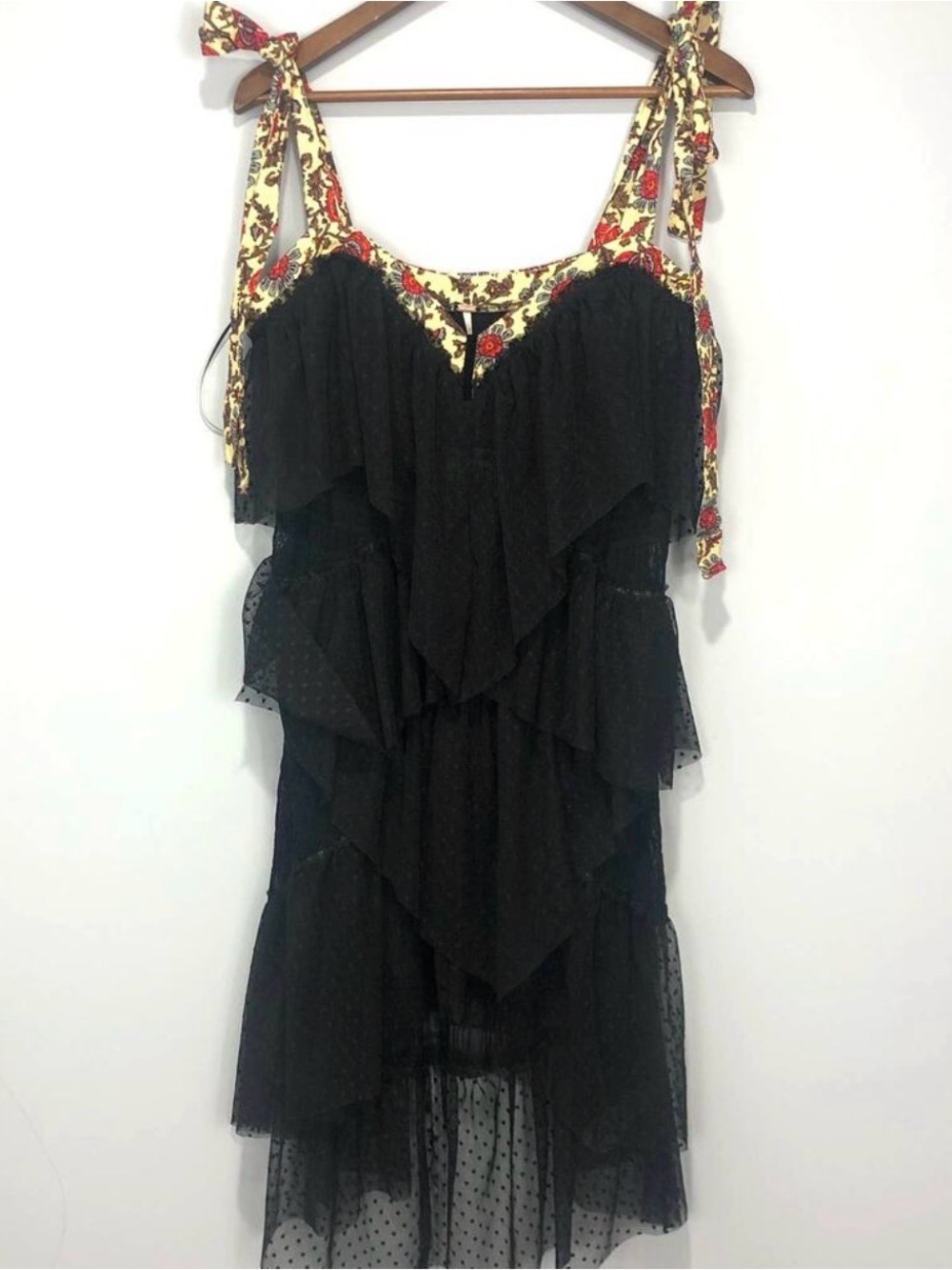 Free People Black Tiered Ruffle Midi Dress with Floral Tie Straps